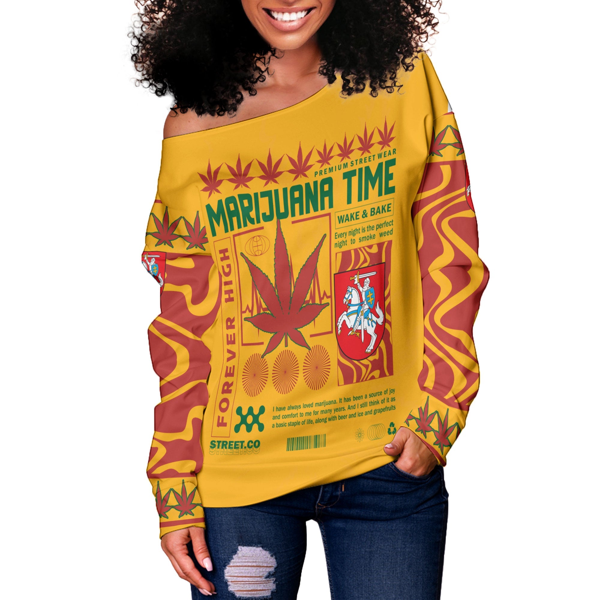 Lithuania Women Off Shoulder Sweatshirt Flag & Coat Of Arms Marijuanas Style