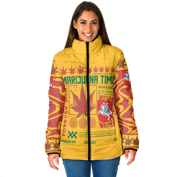 Lithuania Women Padded Jacket Flag & Coat Of Arms Marijuanas Style