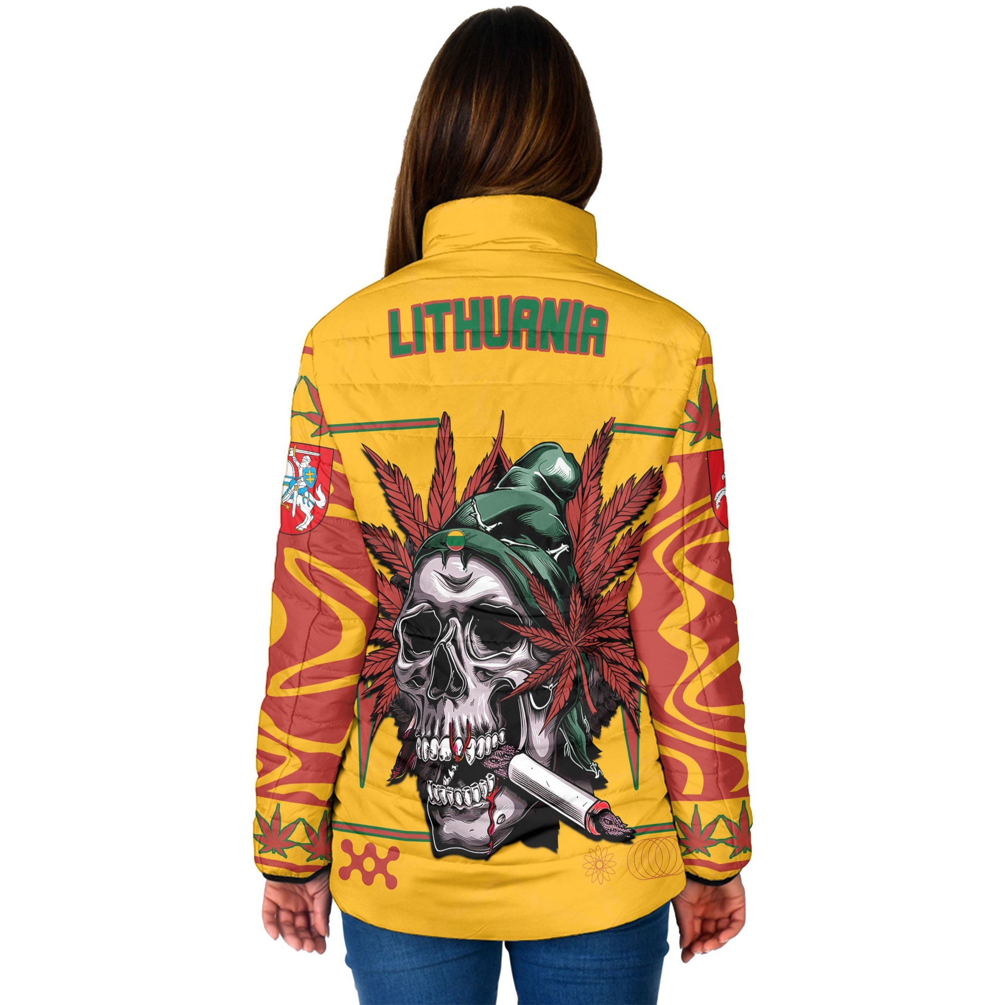 Lithuania Women Padded Jacket Flag & Coat Of Arms Marijuanas Style