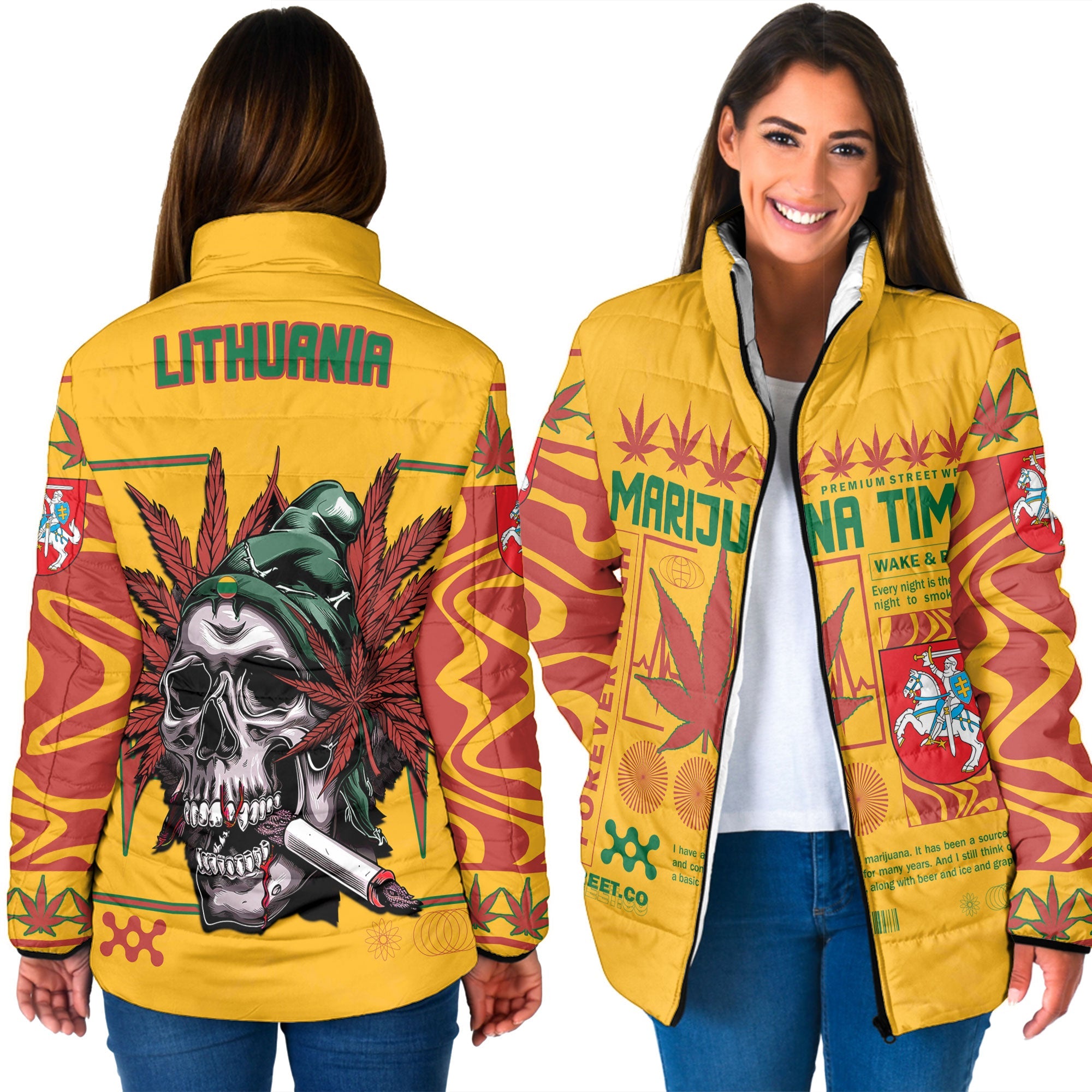 Lithuania Women Padded Jacket Flag & Coat Of Arms Marijuanas Style