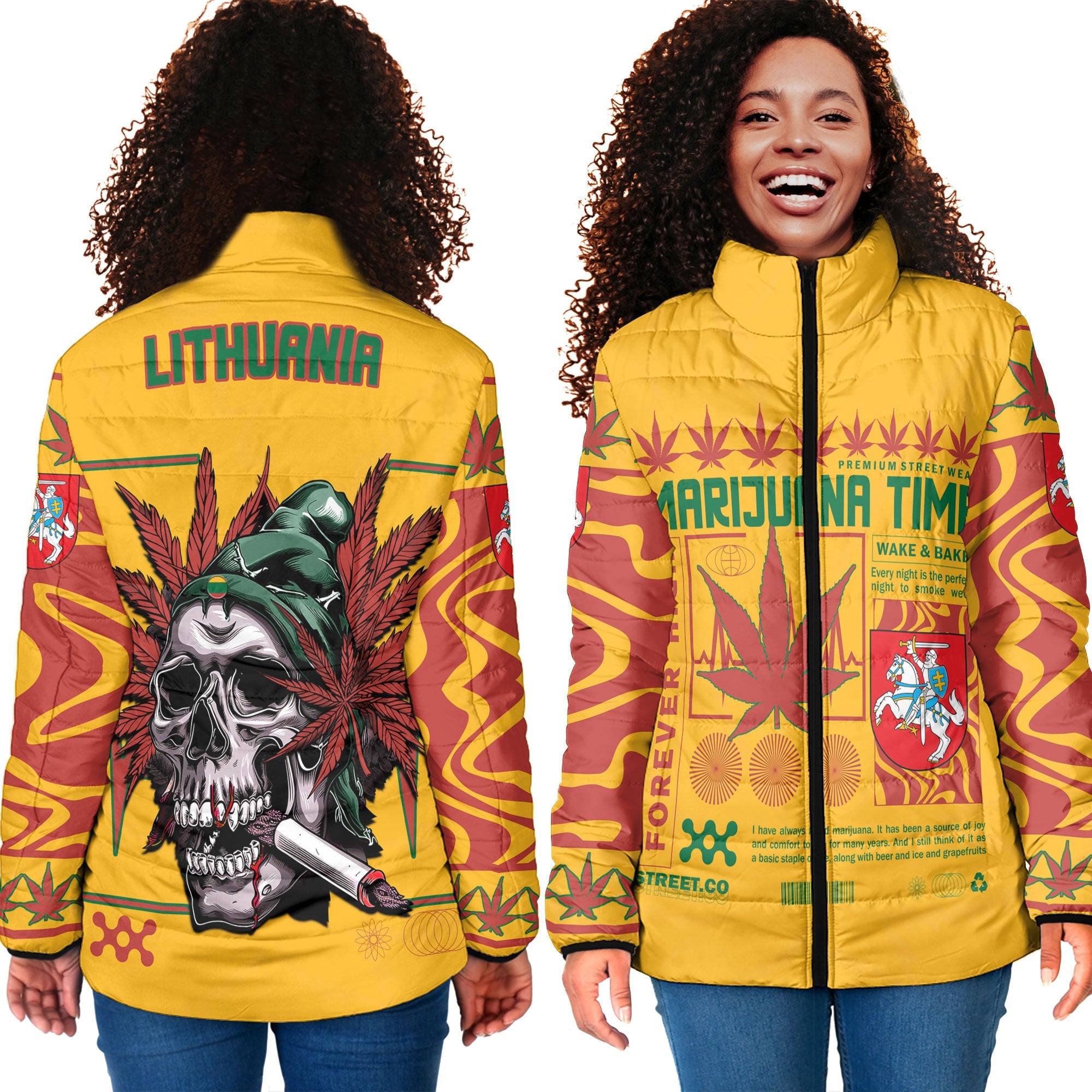 Lithuania Women Padded Jacket Flag & Coat Of Arms Marijuanas Style