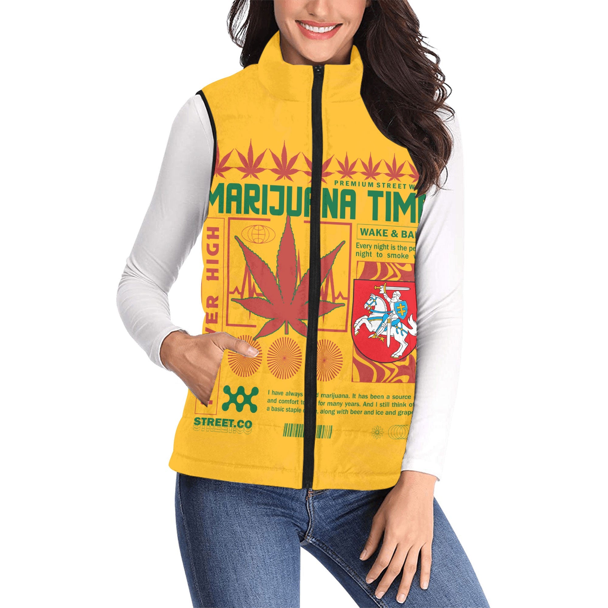 Lithuania Women Padded Jacket Vest Flag & Coat Of Arms Marijuanas Style