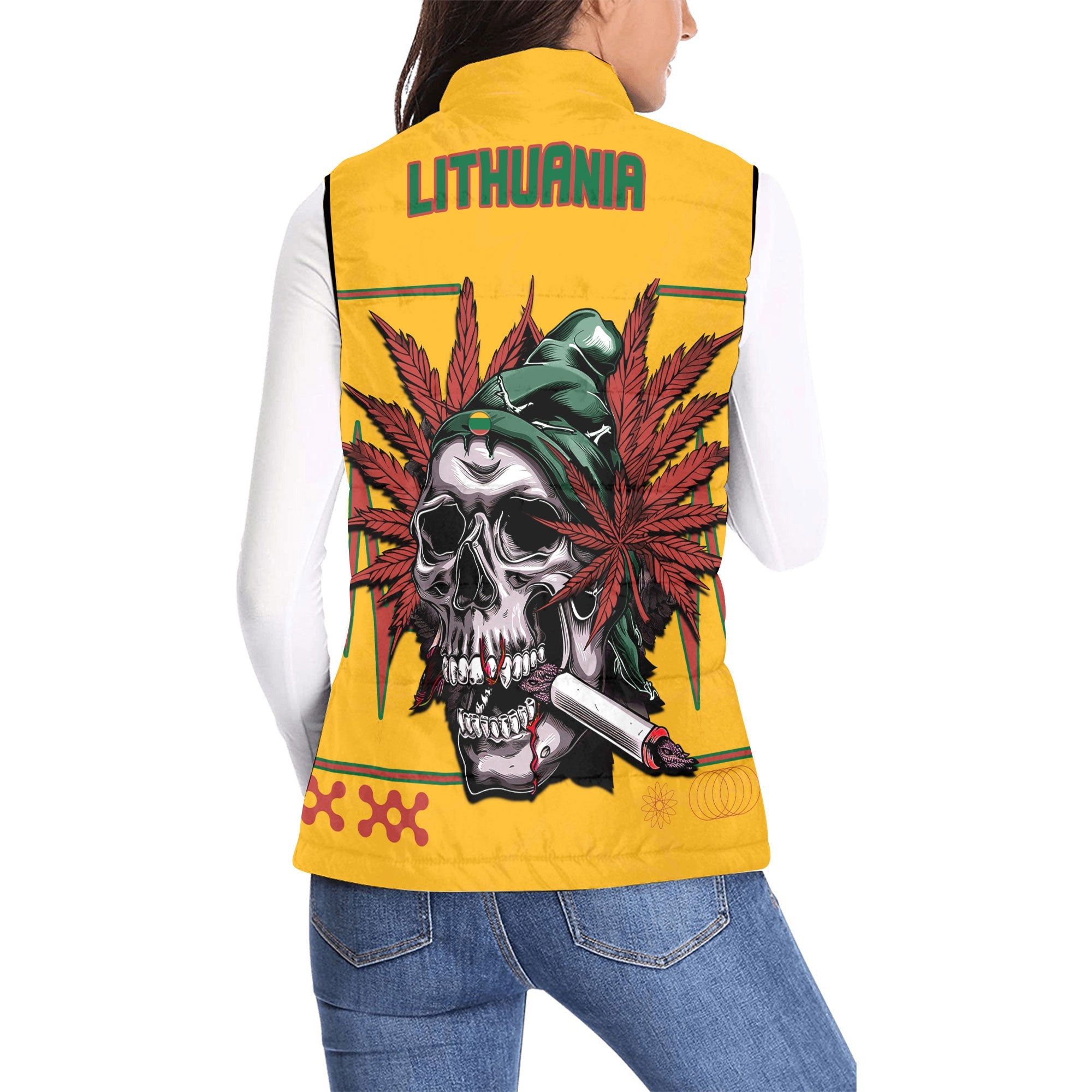 Lithuania Women Padded Jacket Vest Flag & Coat Of Arms Marijuanas Style