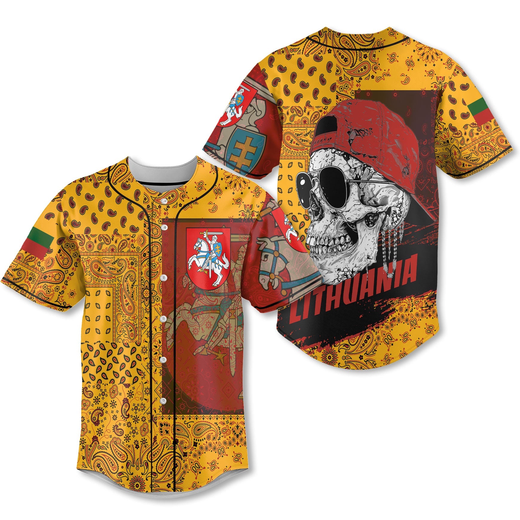 Lithuania Baseball Jersey Paisley Flag And Skull Style 1