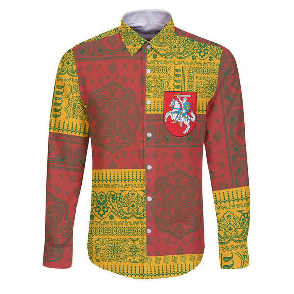 Lithuania Long Sleeve Button Shirt Flag And Paisley Basic Style 1