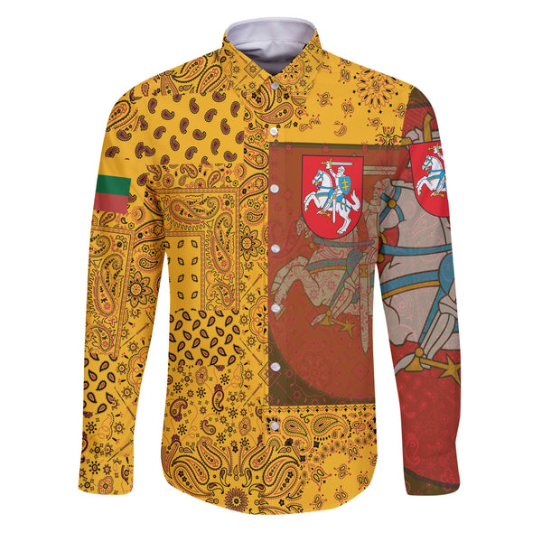 Lithuania Long Sleeve Button Shirt Paisley Flag And Skull Style 1