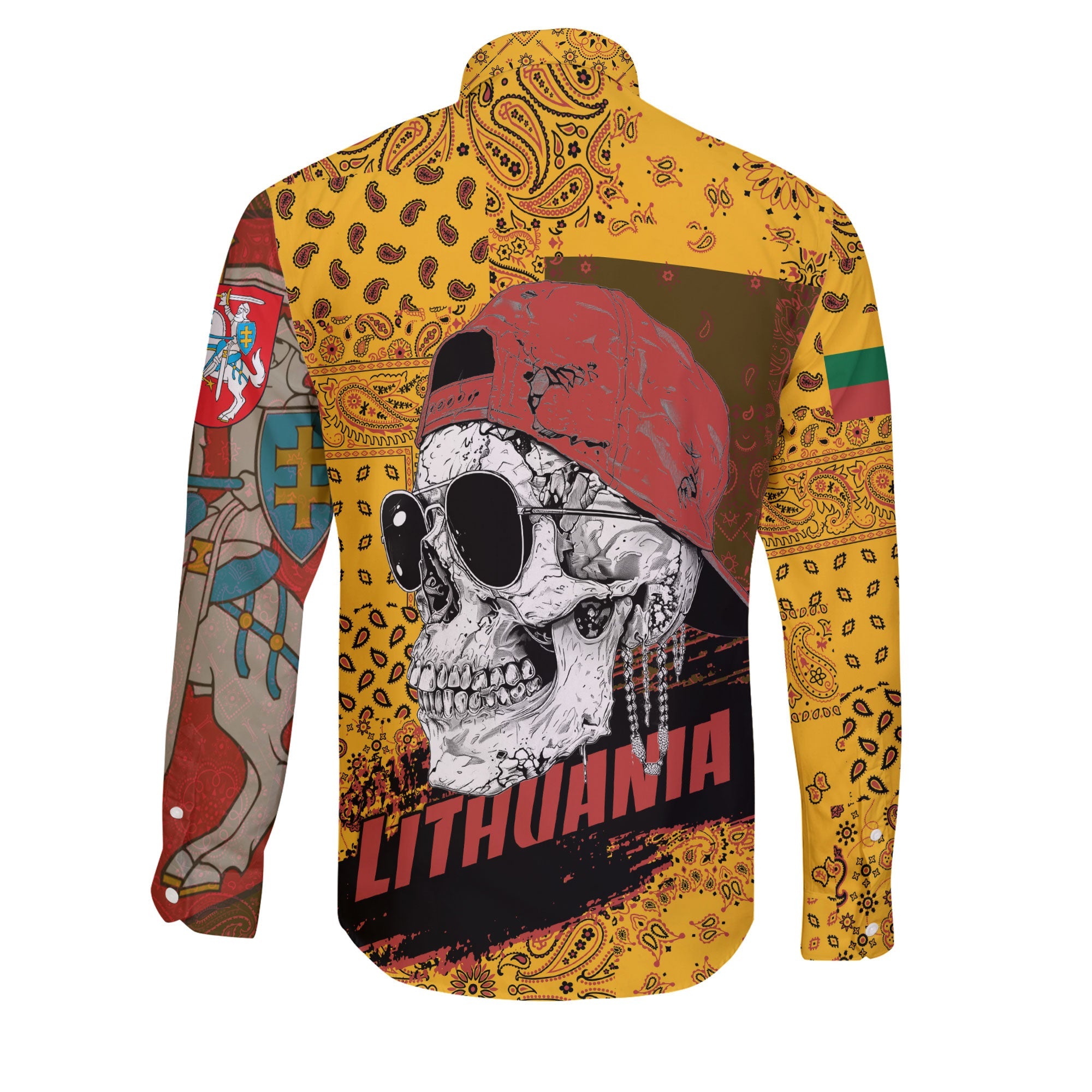 Lithuania Long Sleeve Button Shirt Paisley Flag And Skull Style 2