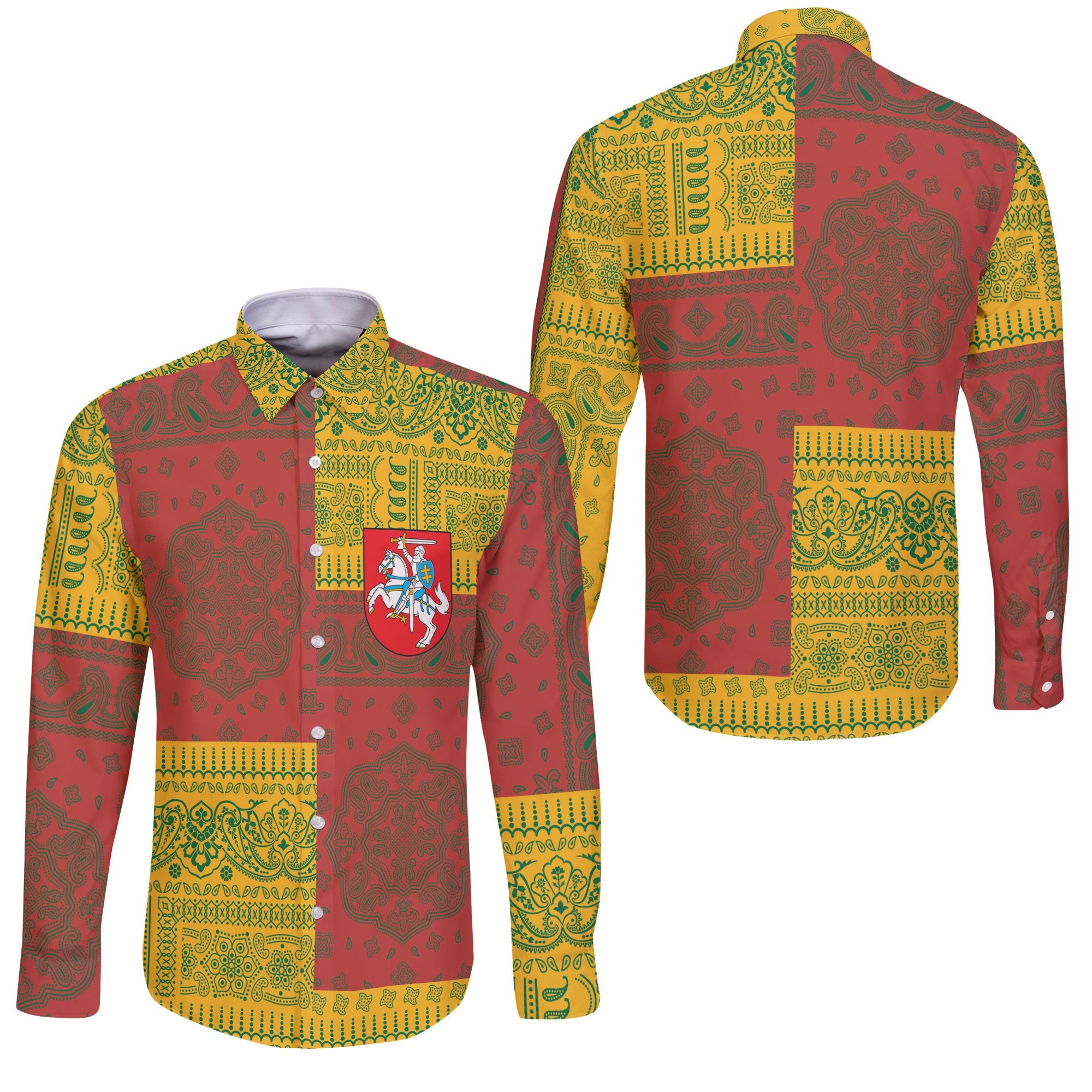 Lithuania Long Sleeve Button Shirt Flag And Paisley Basic Style 3