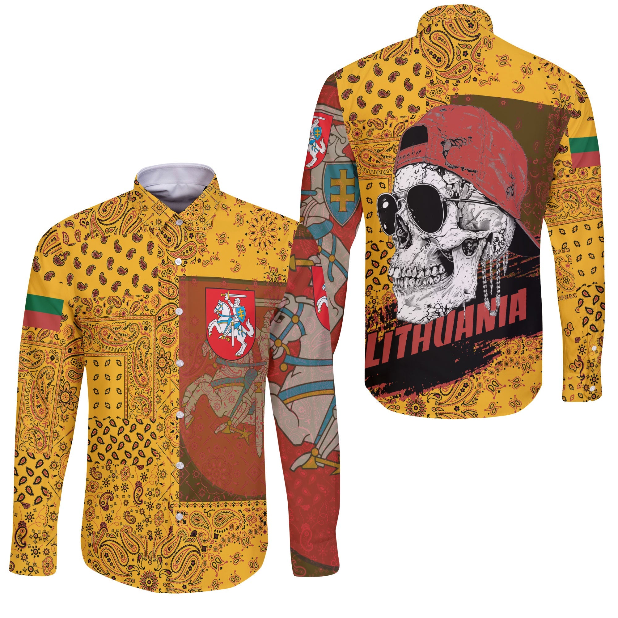 Lithuania Long Sleeve Button Shirt Paisley Flag And Skull Style 3