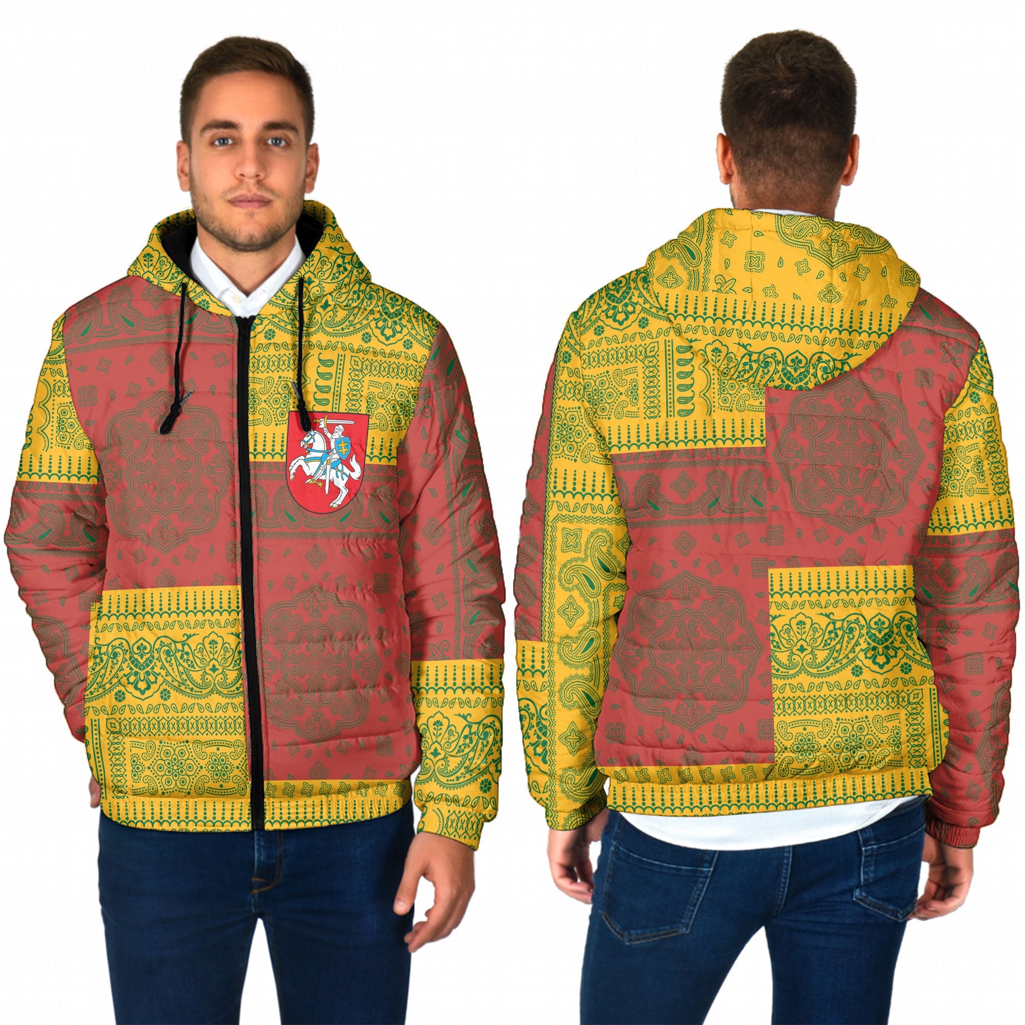 Lithuania Men Hooded Padded Jacket Flag And Paisley Basic Style 1