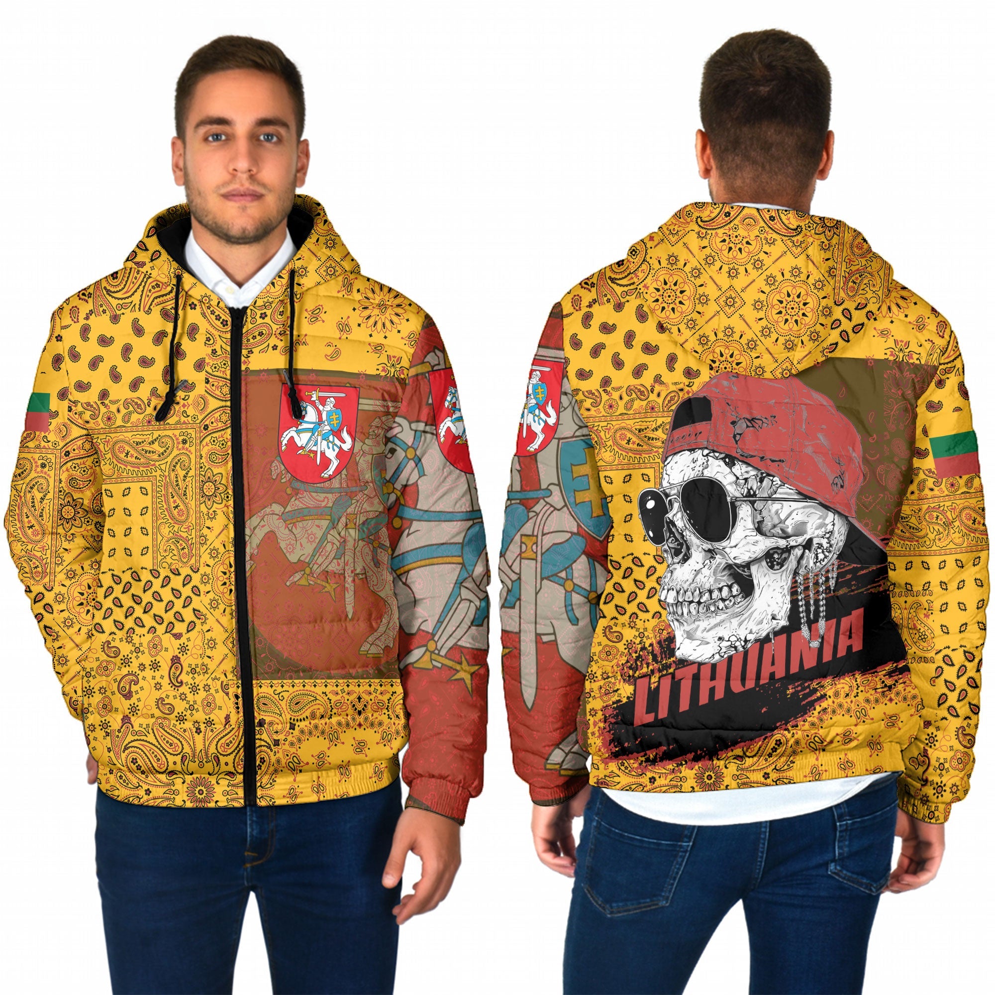 Lithuania Men Hooded Padded Jacket Paisley Flag And Skull Style 1