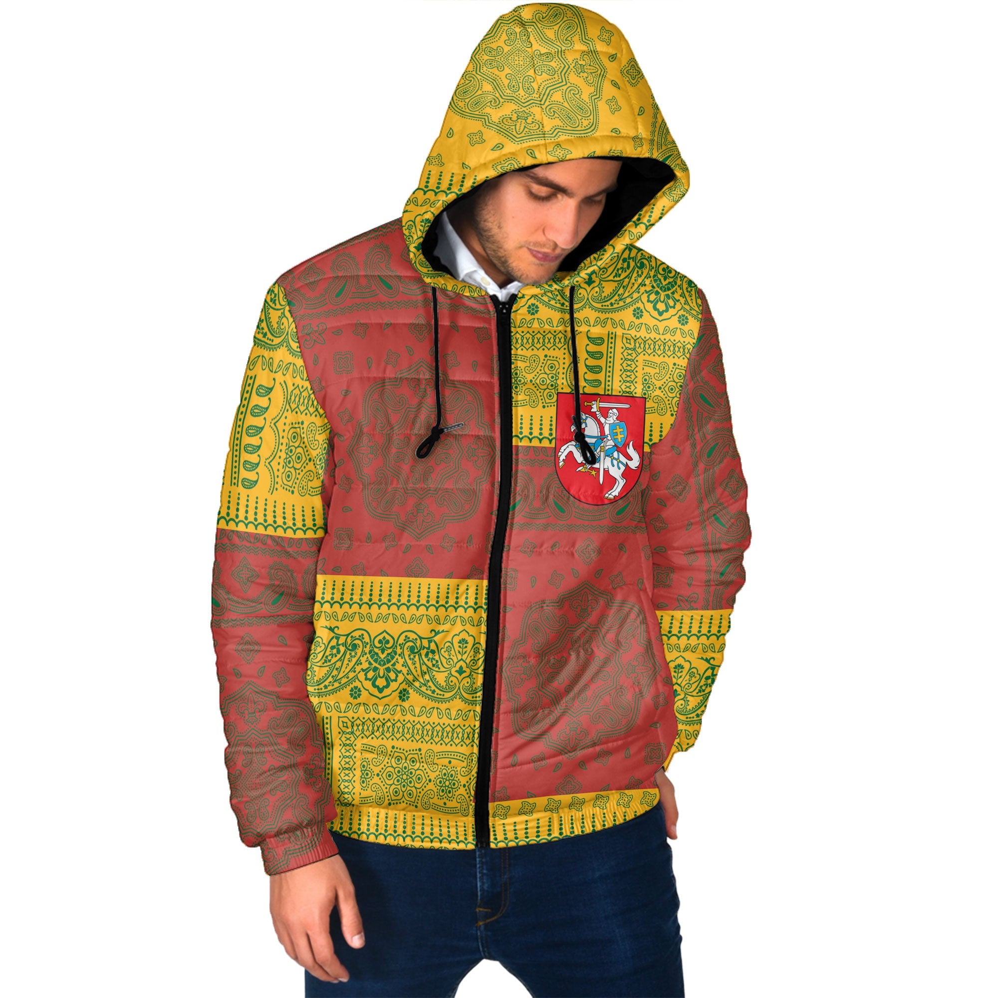 Lithuania Men Hooded Padded Jacket Flag And Paisley Basic Style 2