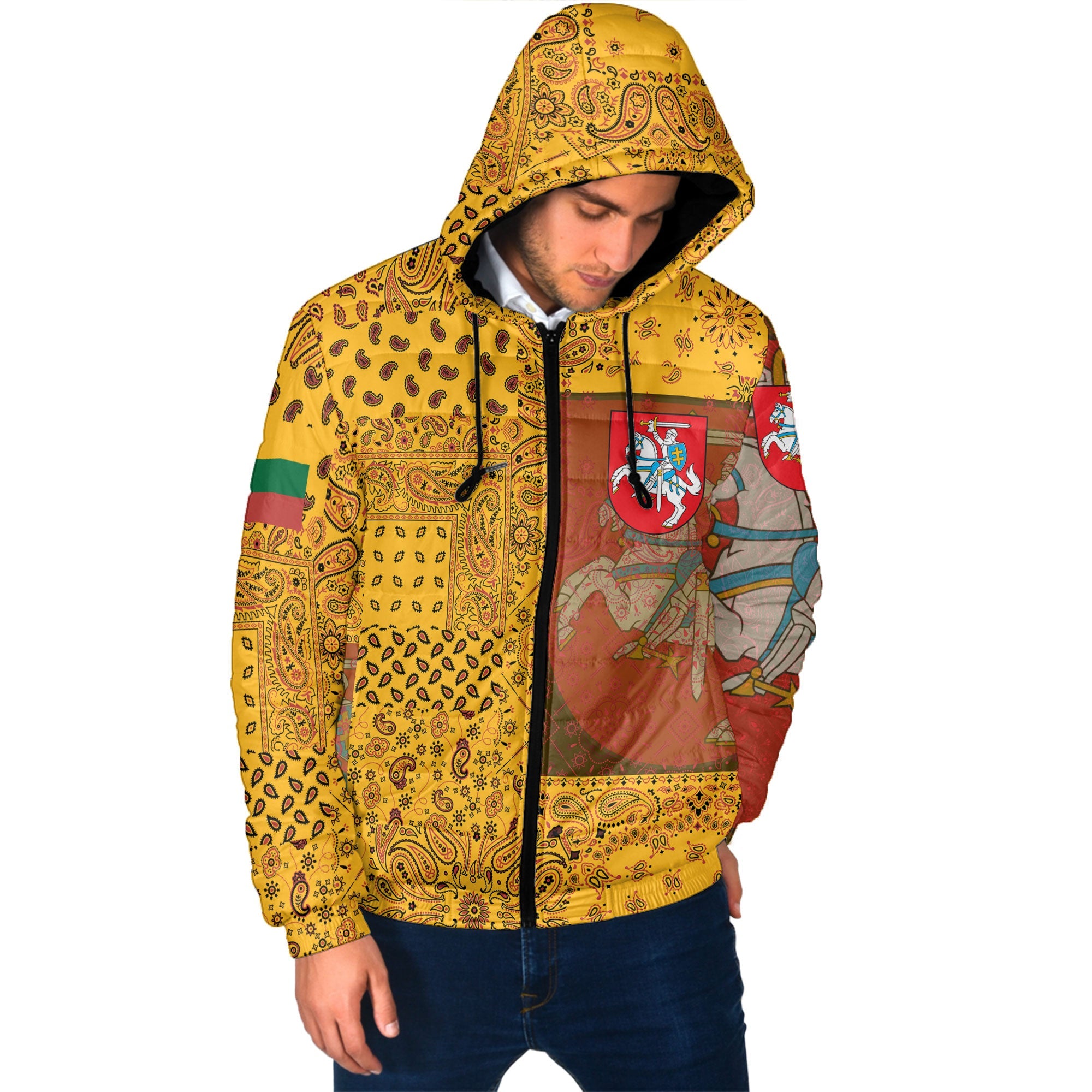 Lithuania Men Hooded Padded Jacket Paisley Flag And Skull Style 2