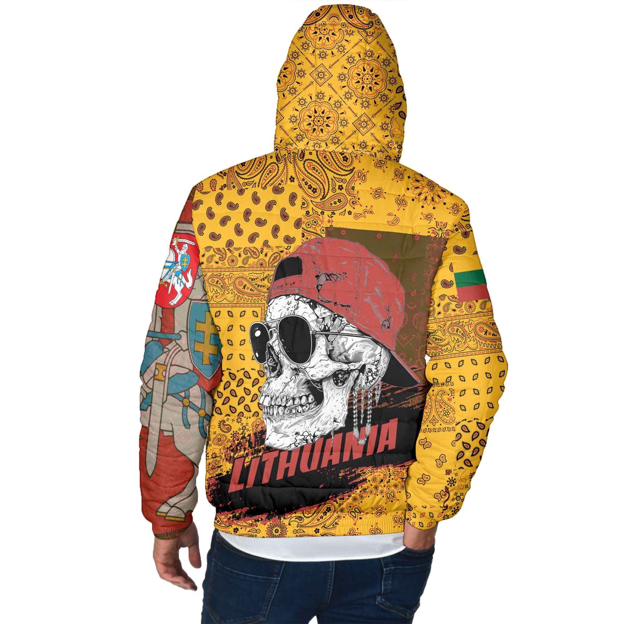 Lithuania Men Hooded Padded Jacket Paisley Flag And Skull Style 3