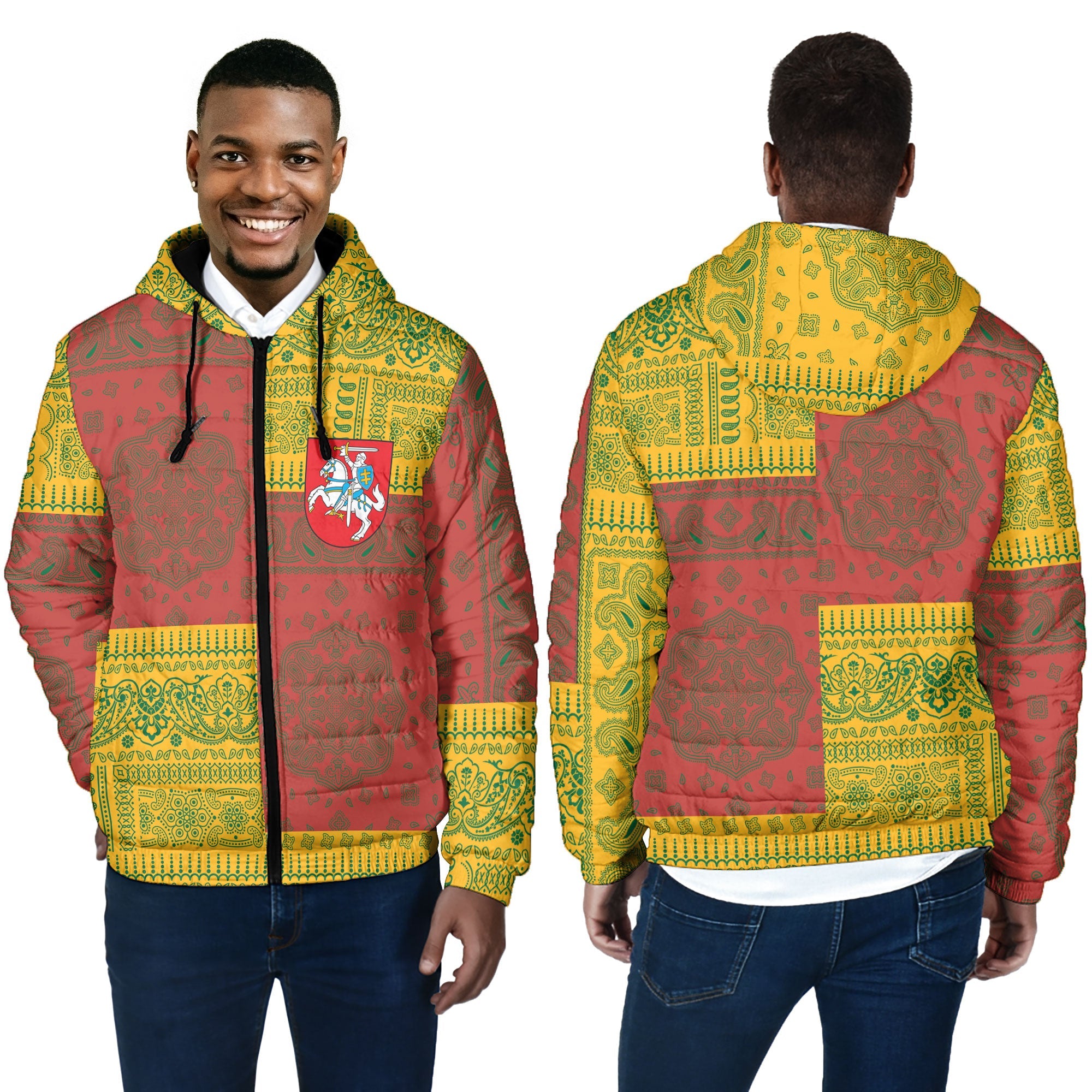 Lithuania Men Hooded Padded Jacket Flag And Paisley Basic Style 4