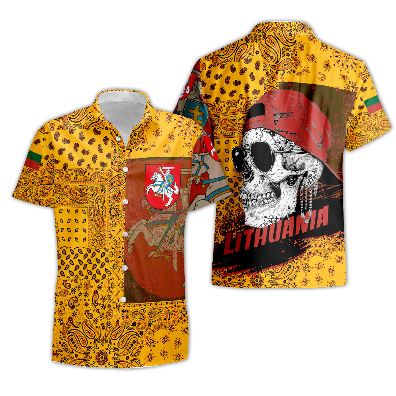 Lithuania Short Sleeve Shirt Paisley Flag And Skull Style 3