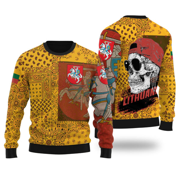 Lithuania Ugly Sweater Paisley Flag And Skull Style 1