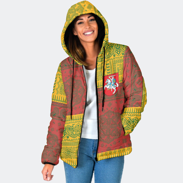 Lithuania Women Hooded Padded Jacket Flag And Paisley Basic Style 1