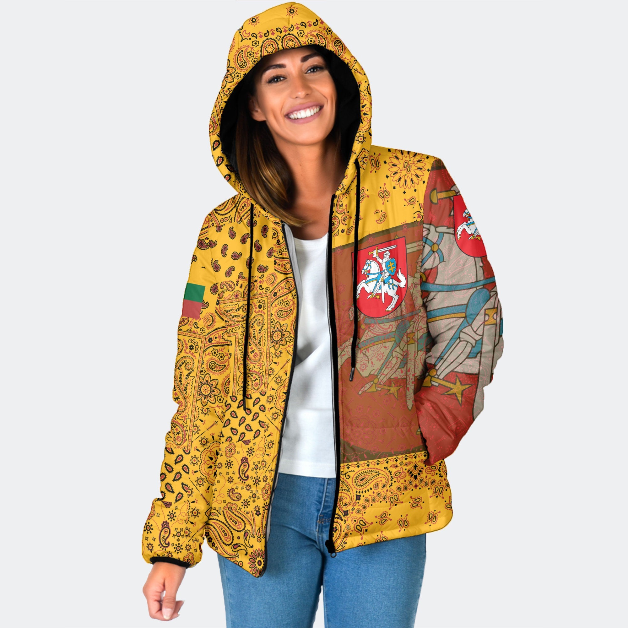 Lithuania Women Hooded Padded Jacket Paisley Flag And Skull Style 1