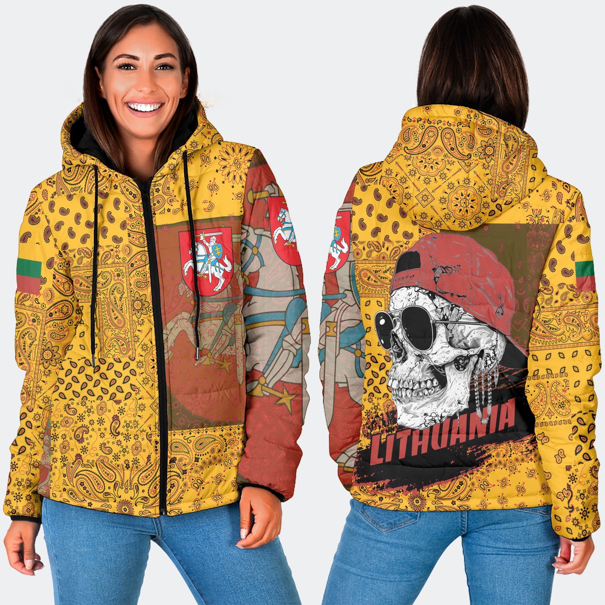 Lithuania Women Hooded Padded Jacket Paisley Flag And Skull Style 3