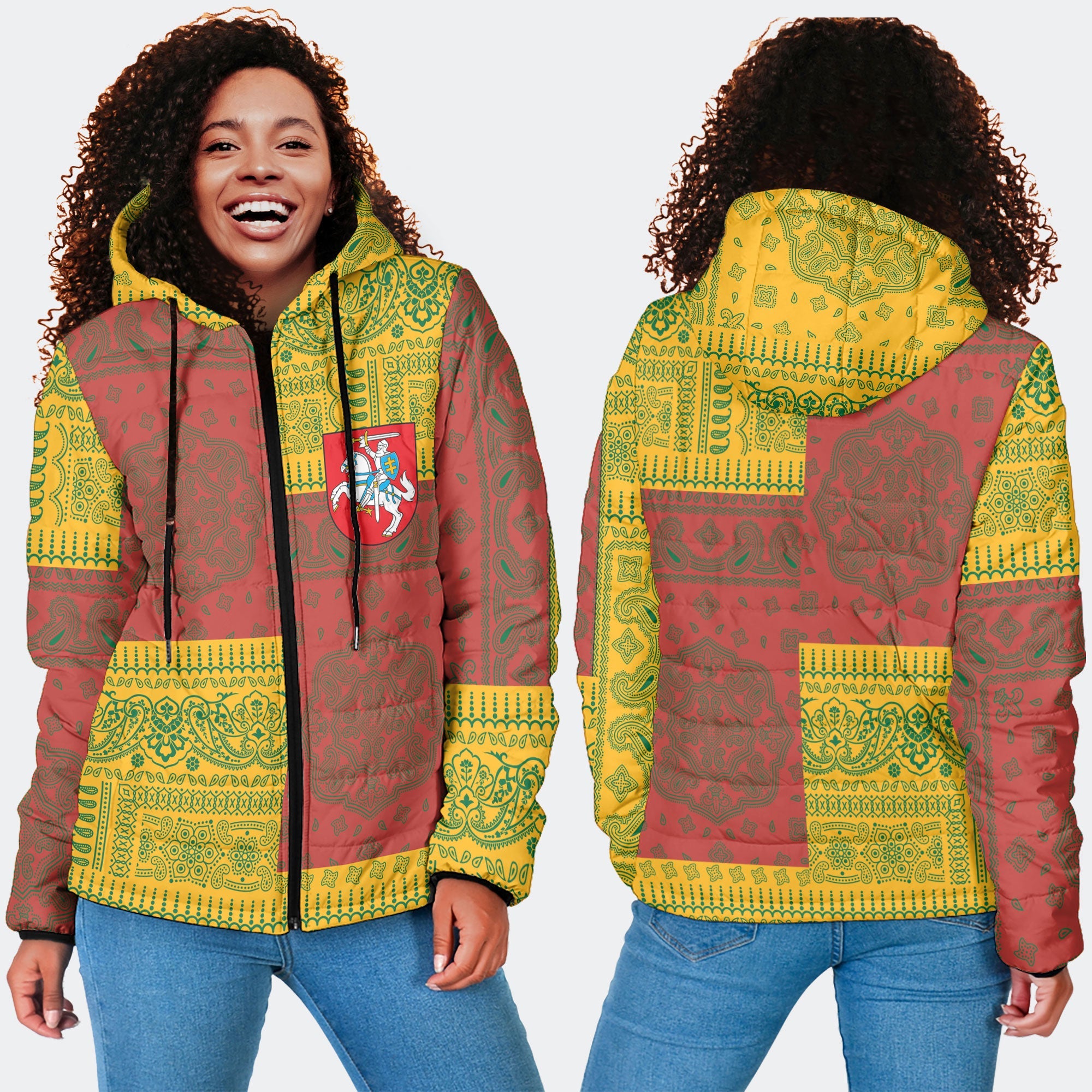 Lithuania Women Hooded Padded Jacket Flag And Paisley Basic Style 4