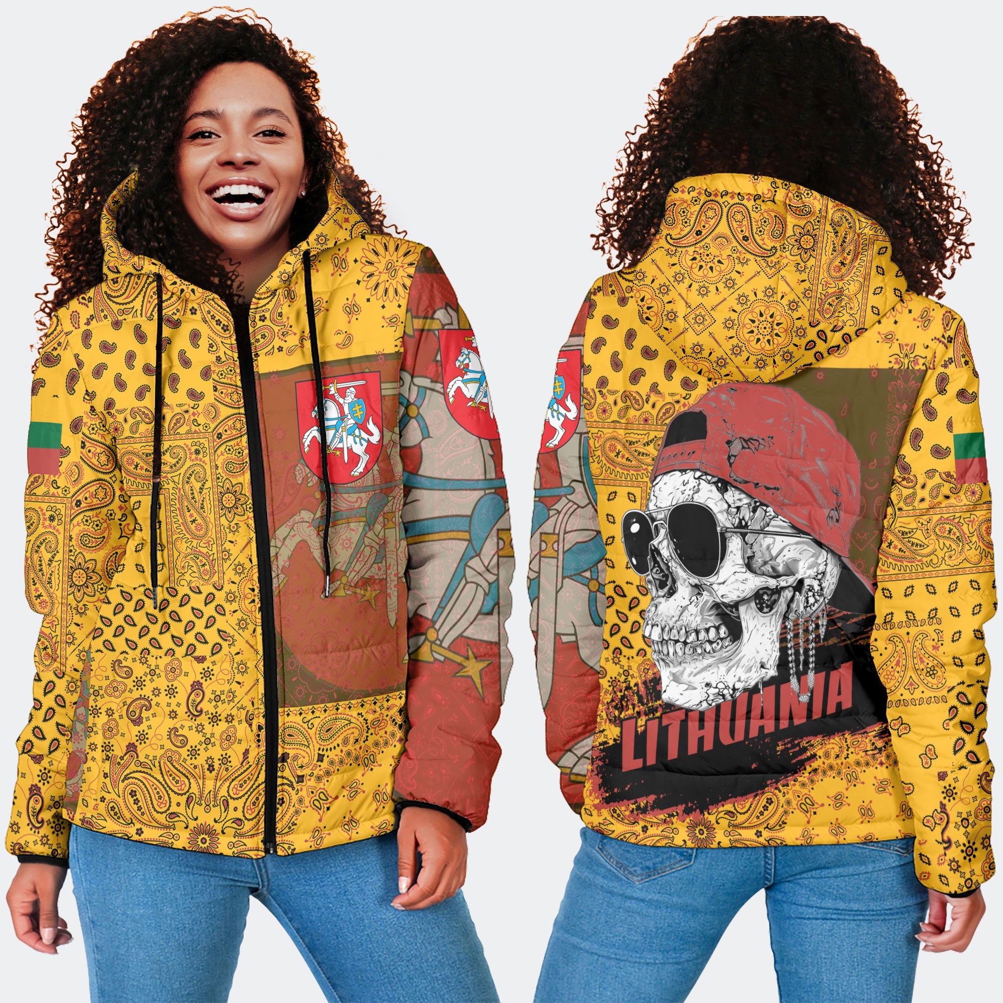 Lithuania Women Hooded Padded Jacket Paisley Flag And Skull Style 4