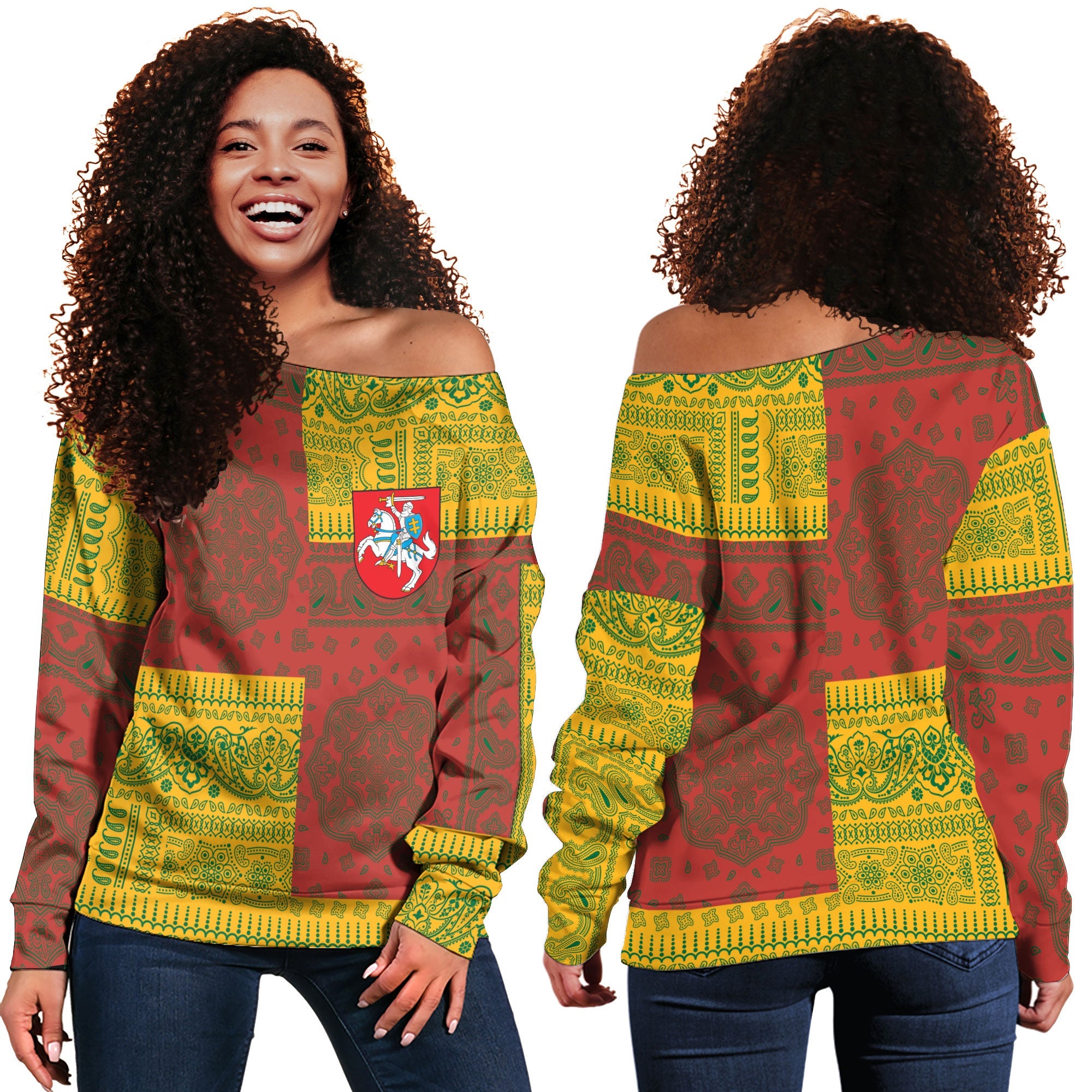 Lithuania Women Off Shoulder Sweatshirt Flag And Paisley Basic Style 1