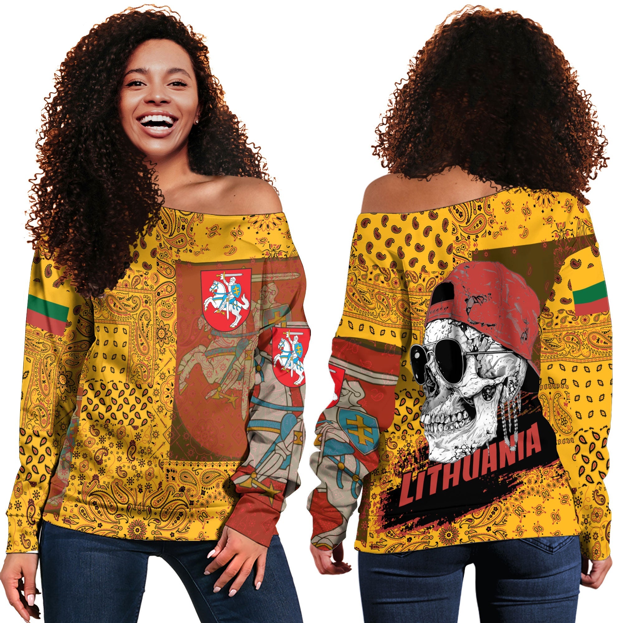 Lithuania Women Off Shoulder Sweatshirt Paisley Flag And Skull Style 1