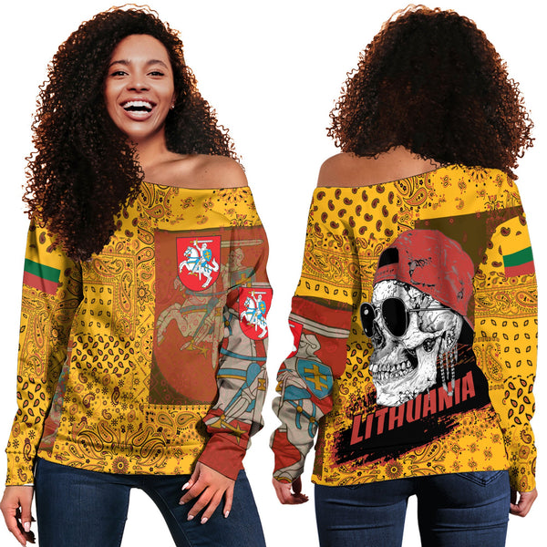 Lithuania Women Off Shoulder Sweatshirt Paisley Flag And Skull Style 1