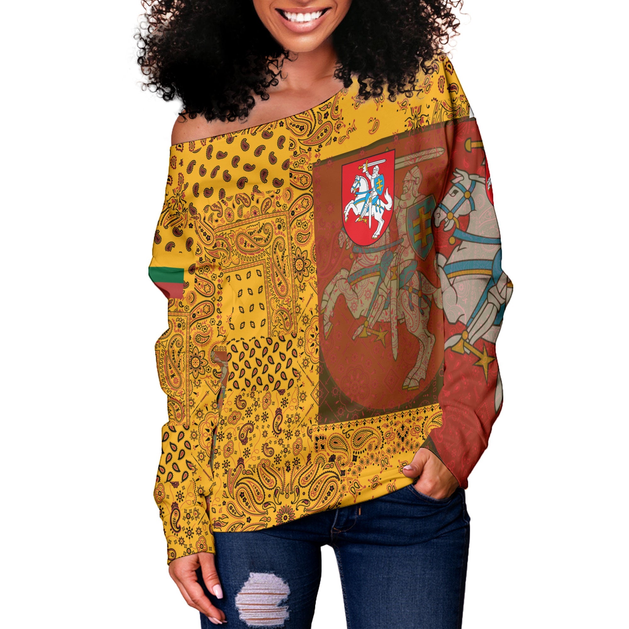 Lithuania Women Off Shoulder Sweatshirt Paisley Flag And Skull Style 2