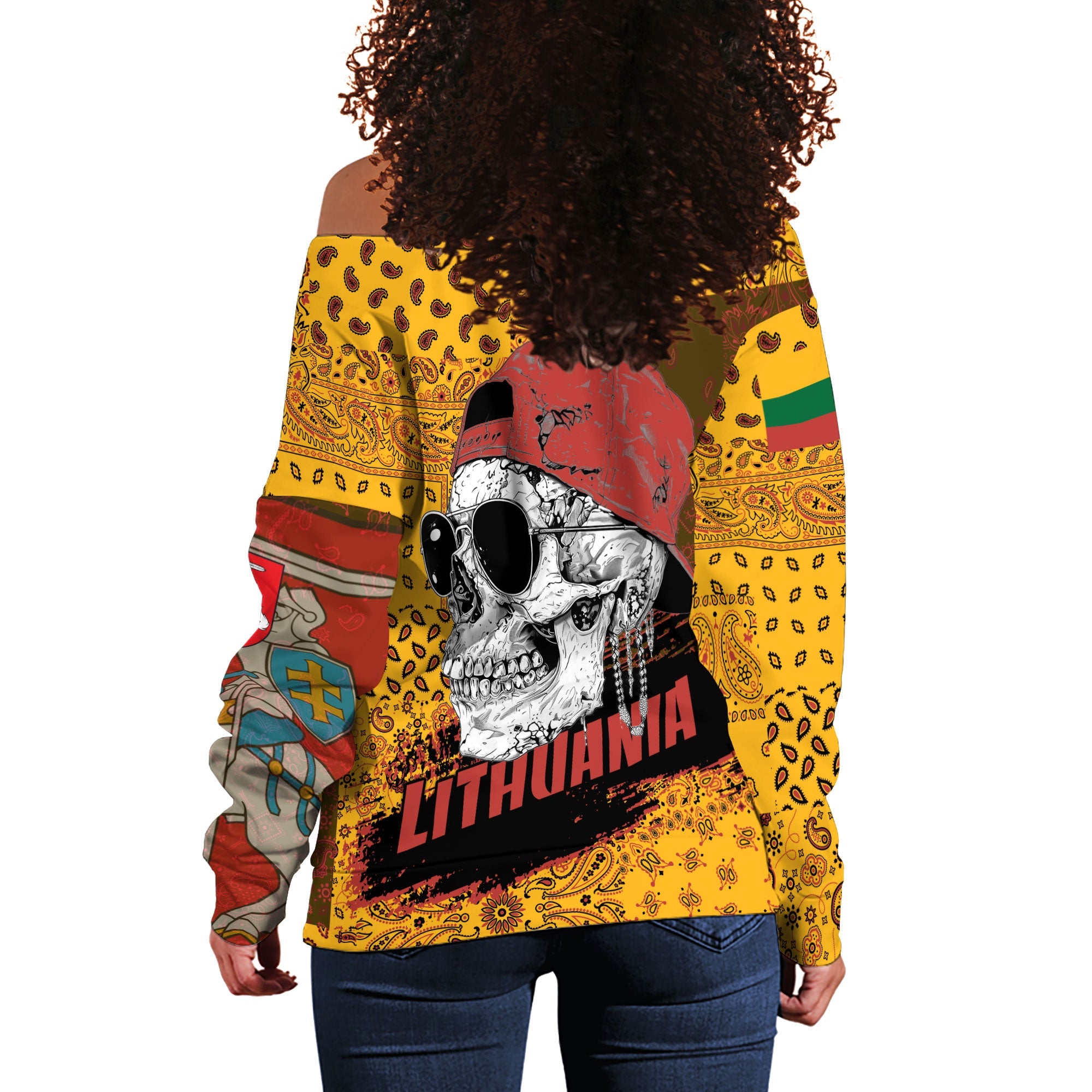 Lithuania Women Off Shoulder Sweatshirt Paisley Flag And Skull Style 3