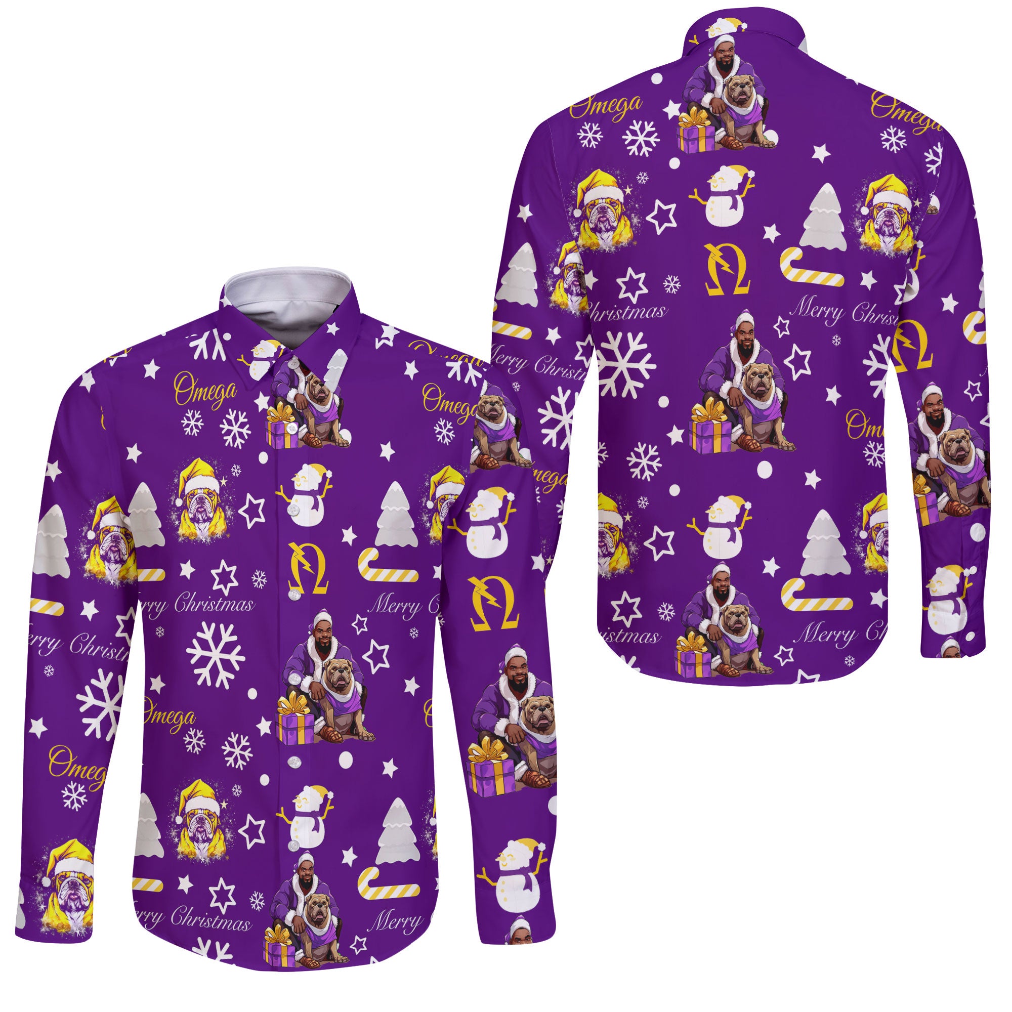 Fraternity Shirt - OPP Christmas Long Sleeve Button Shirt Bulldog Purple Pattern Style