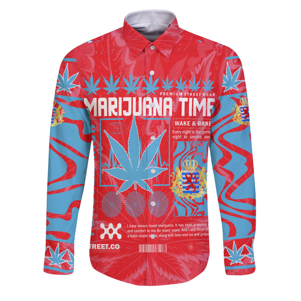 Luxembourg Long Sleeve Button Shirt Flag & Coat Of Arms Marijuanas Style