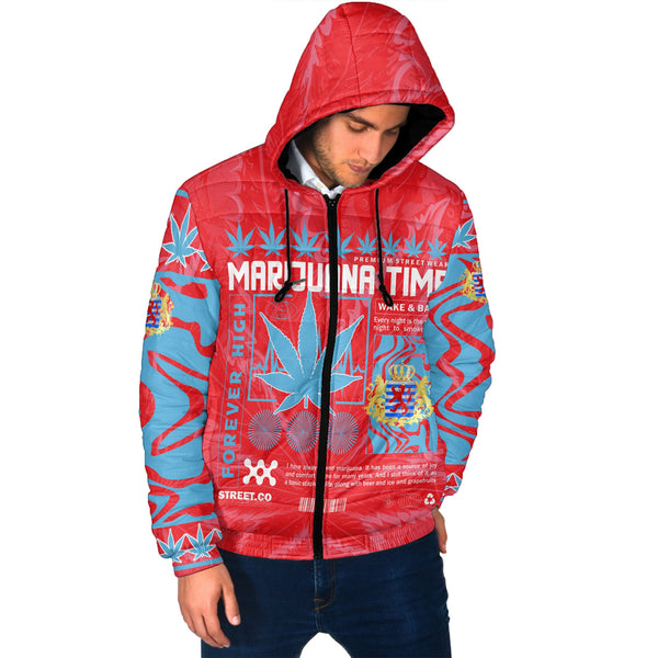 Luxembourg Men Hooded Padded Jacket Flag & Coat Of Arms Marijuanas Style