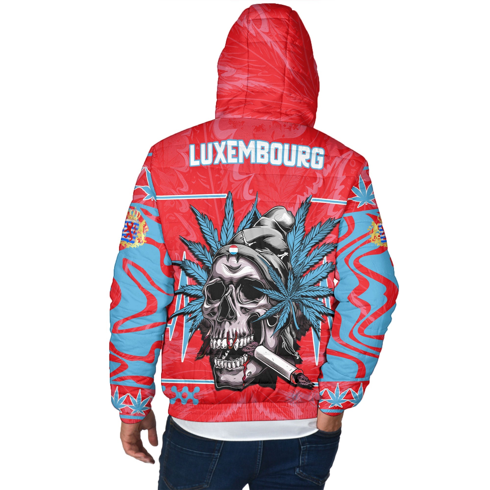 Luxembourg Men Hooded Padded Jacket Flag & Coat Of Arms Marijuanas Style