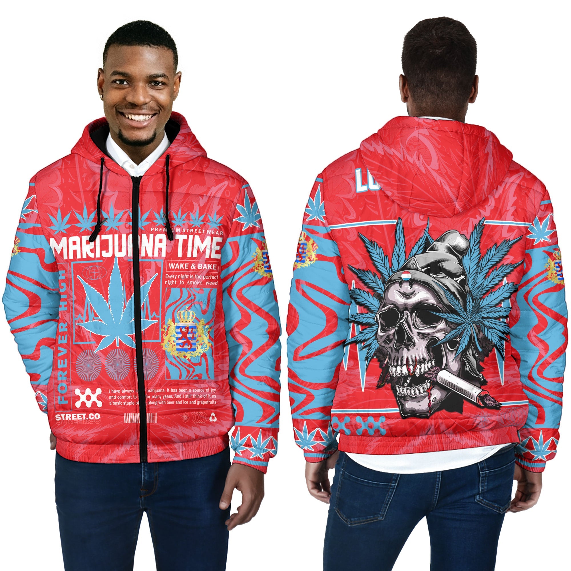 Luxembourg Men Hooded Padded Jacket Flag & Coat Of Arms Marijuanas Style