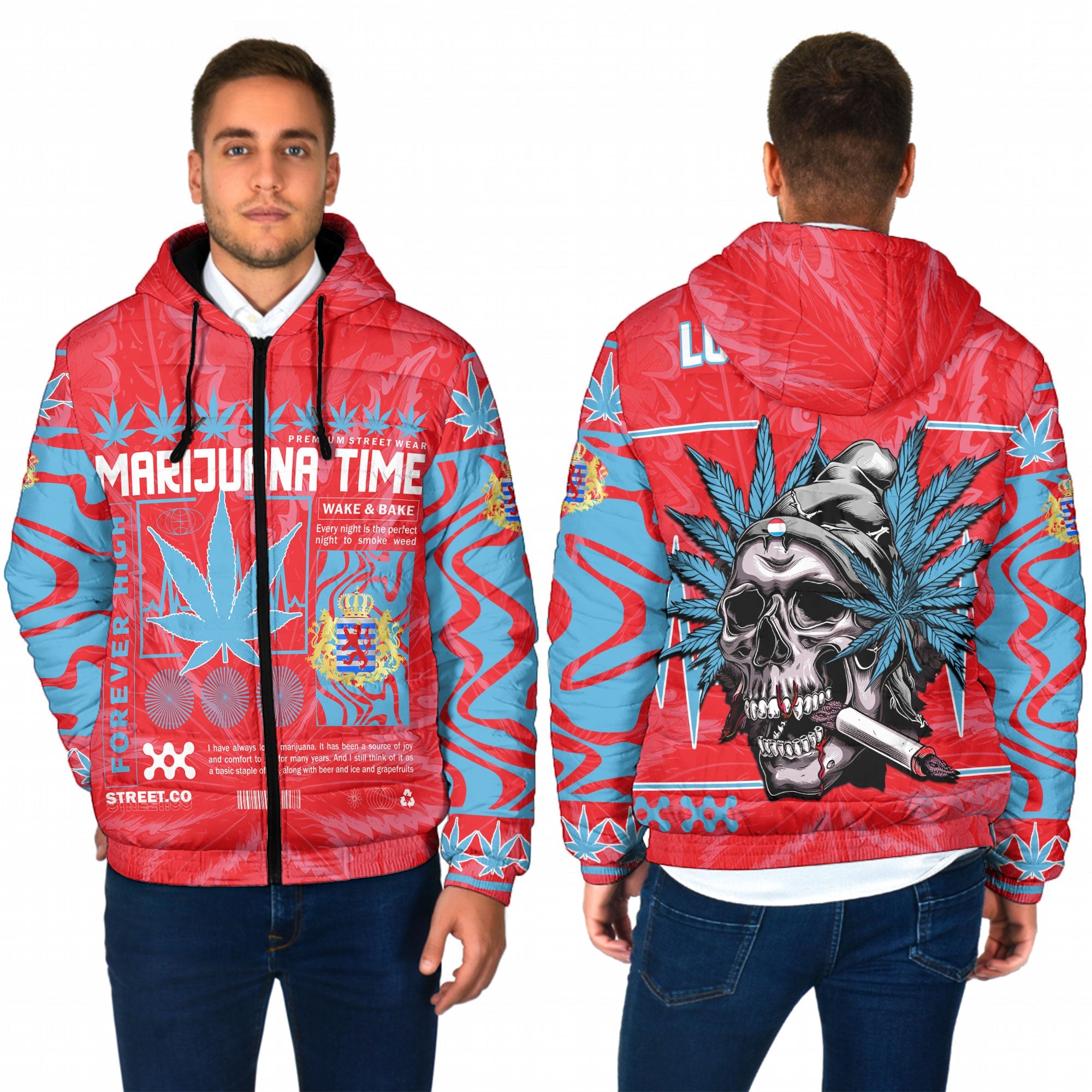 Luxembourg Men Hooded Padded Jacket Flag & Coat Of Arms Marijuanas Style