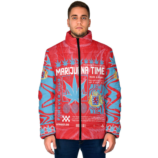 Luxembourg Men Padded Jacket Flag & Coat Of Arms Marijuanas Style