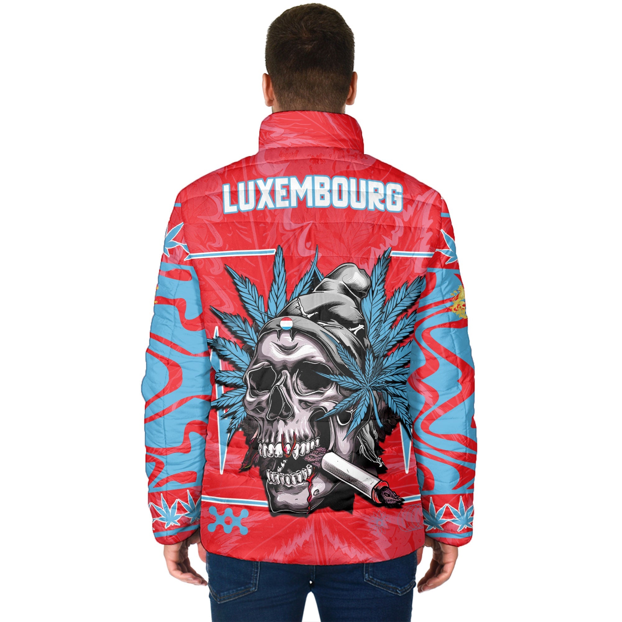 Luxembourg Men Padded Jacket Flag & Coat Of Arms Marijuanas Style