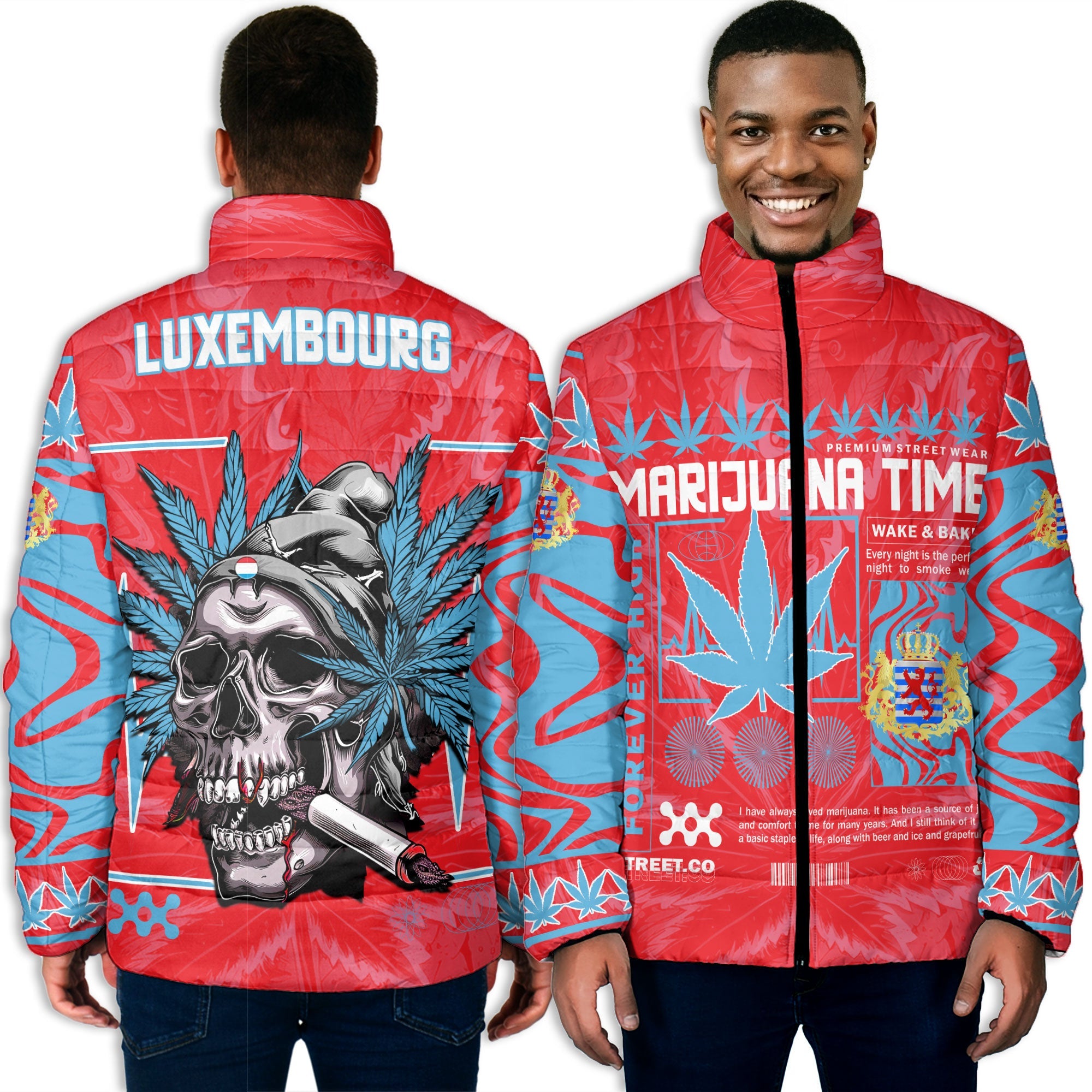 Luxembourg Men Padded Jacket Flag & Coat Of Arms Marijuanas Style