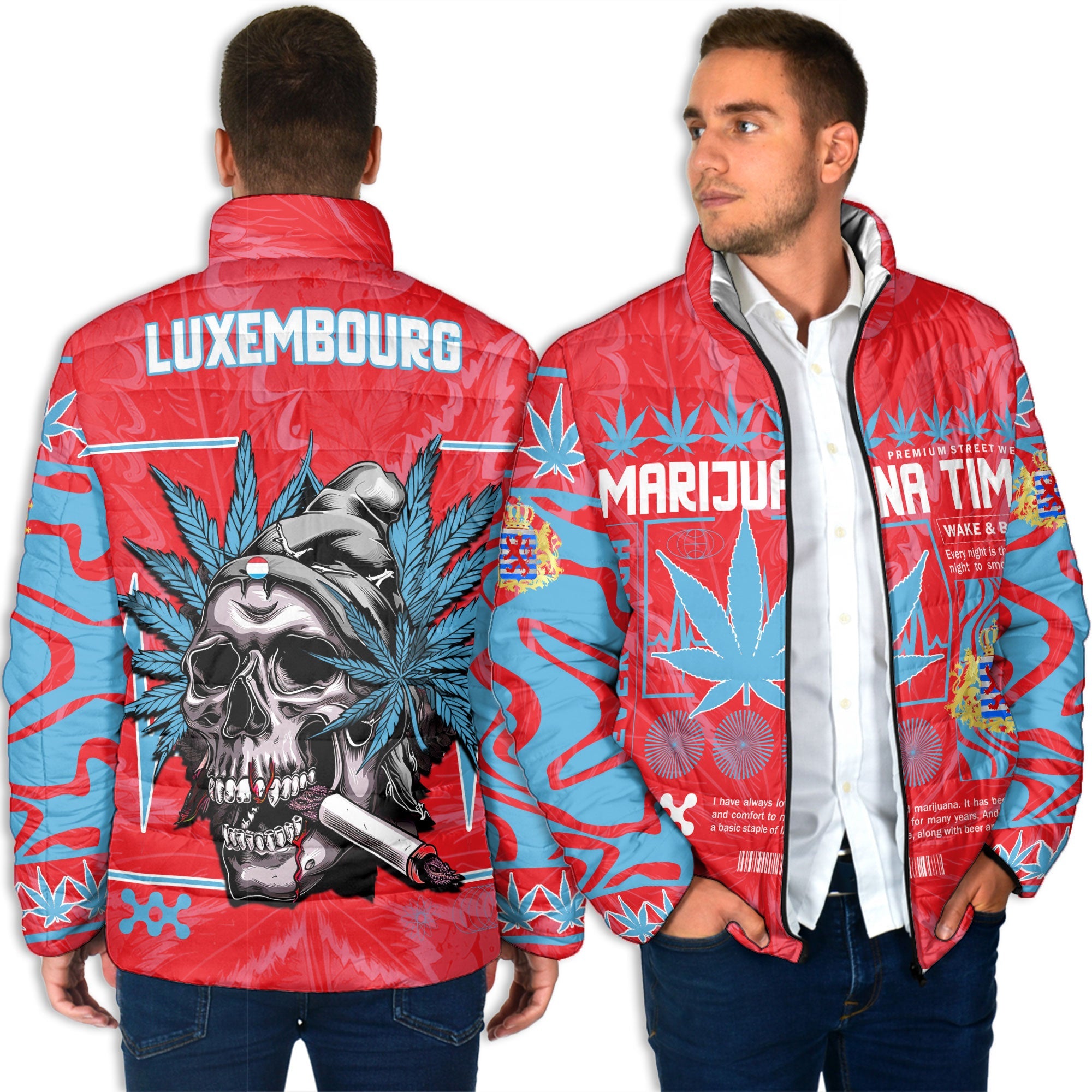 Luxembourg Men Padded Jacket Flag & Coat Of Arms Marijuanas Style