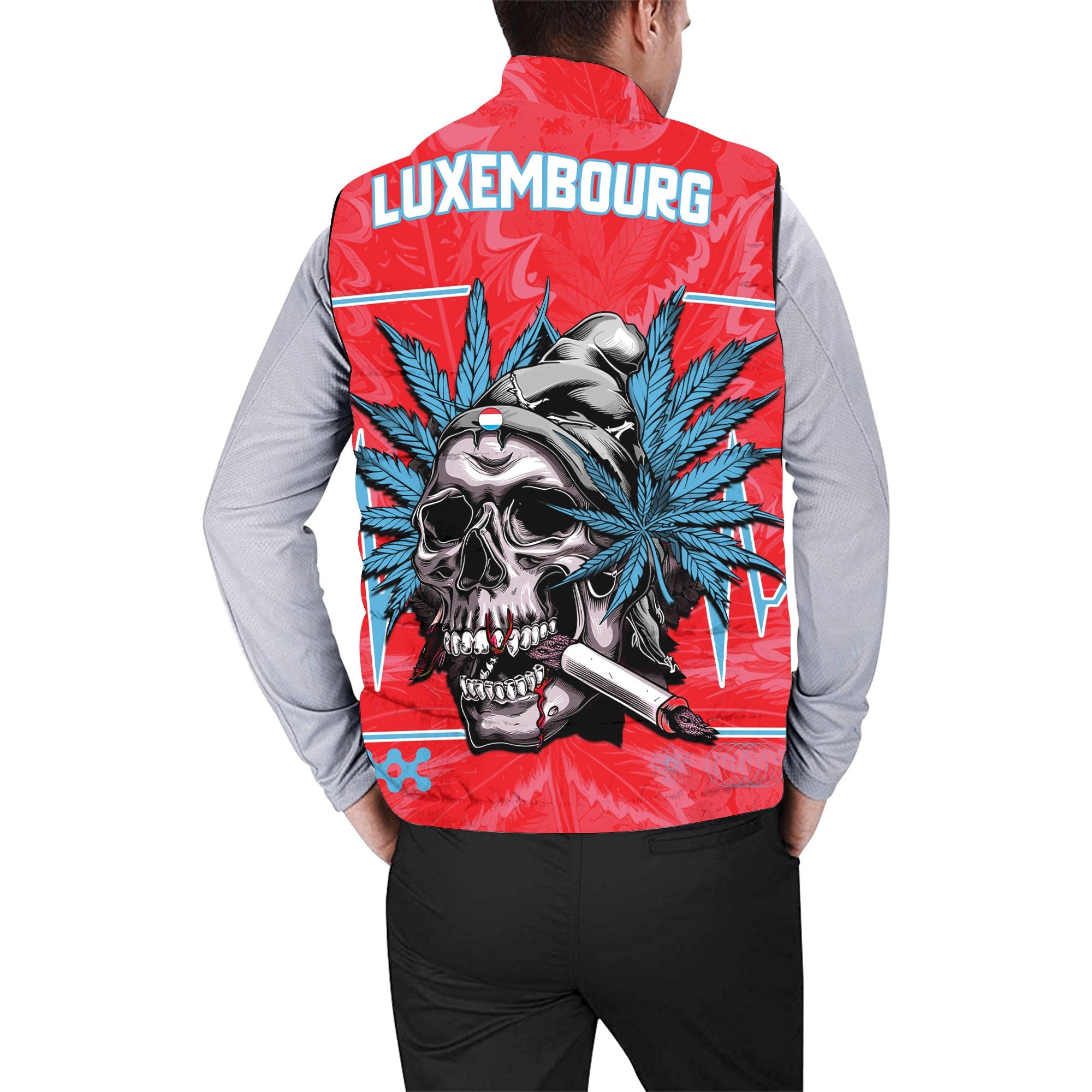 Luxembourg Men Padded Jacket Vest Flag & Coat Of Arms Marijuanas Style