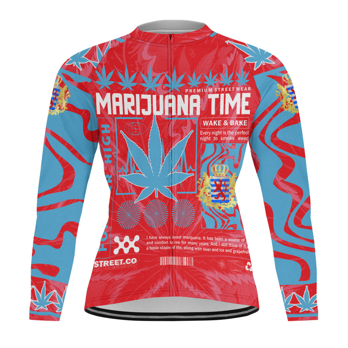 Luxembourg Men's Cycling Jersey Long Sleeve Flag & Coat Of Arms Marijuanas Style