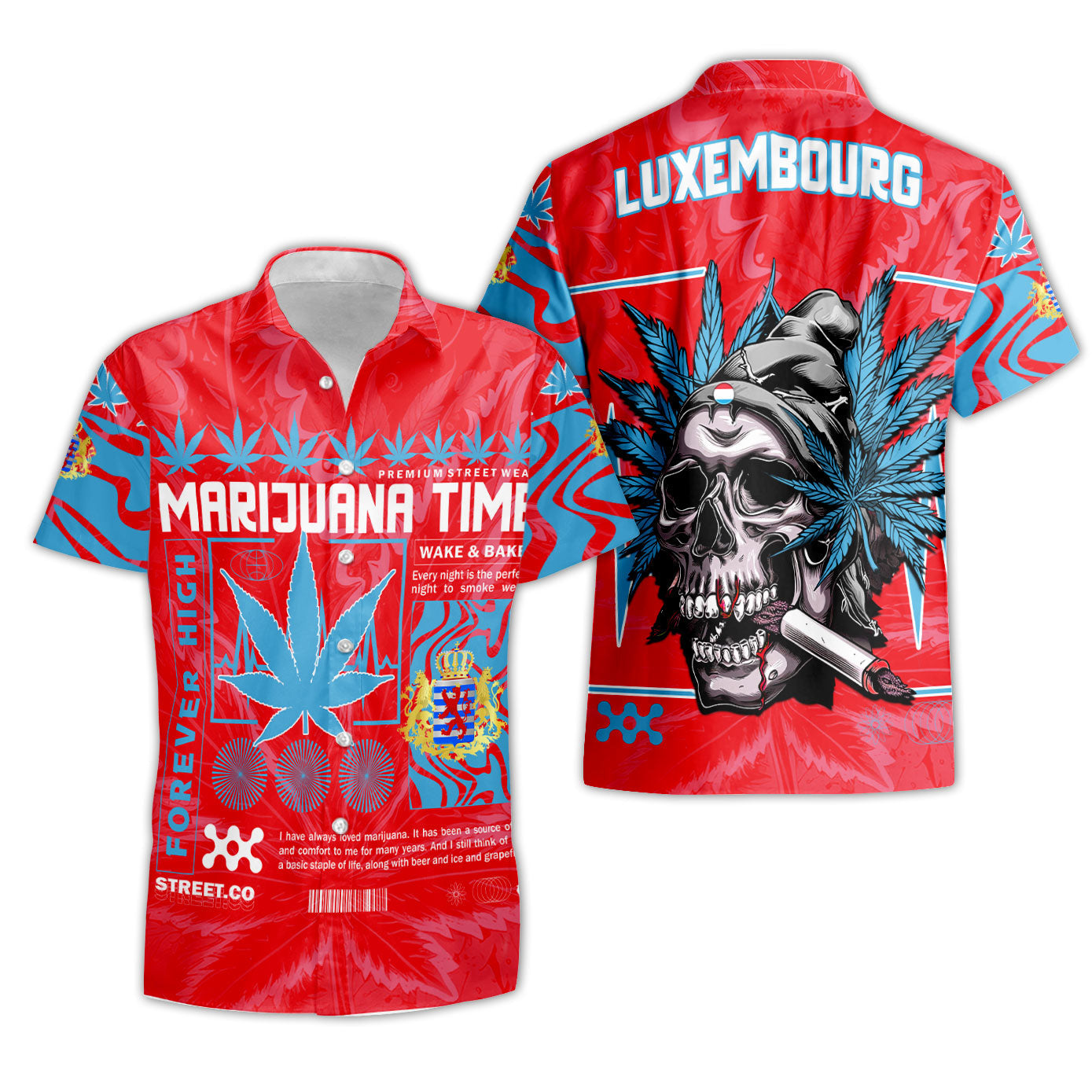 Luxembourg Short Sleeve Shirt Flag & Coat Of Arms Marijuanas Style