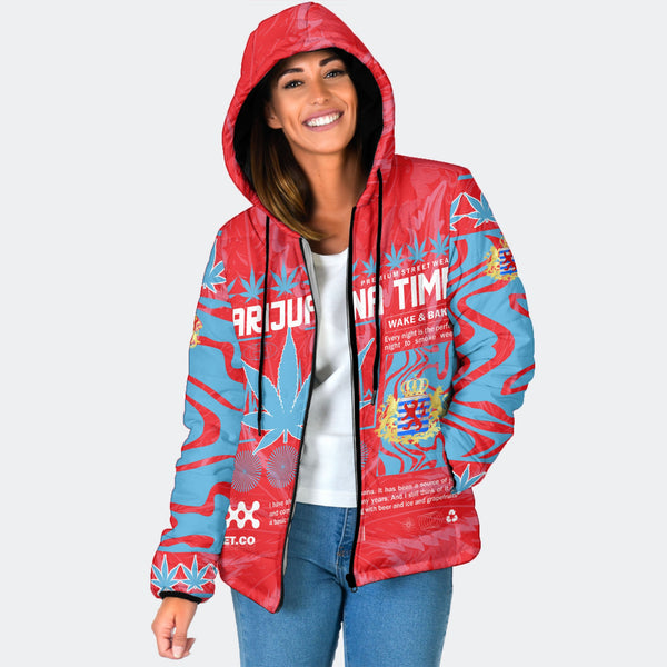 Luxembourg Women Hooded Padded Jacket Flag & Coat Of Arms Marijuanas Style