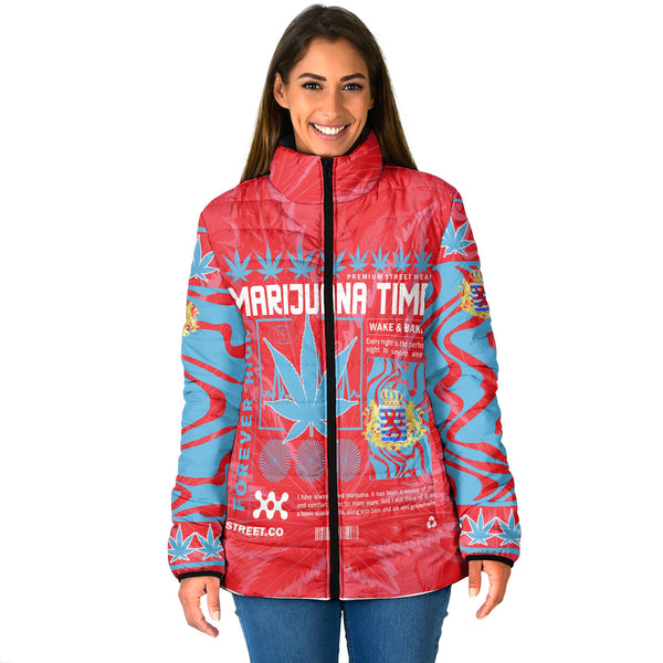 Luxembourg Women Padded Jacket Flag & Coat Of Arms Marijuanas Style