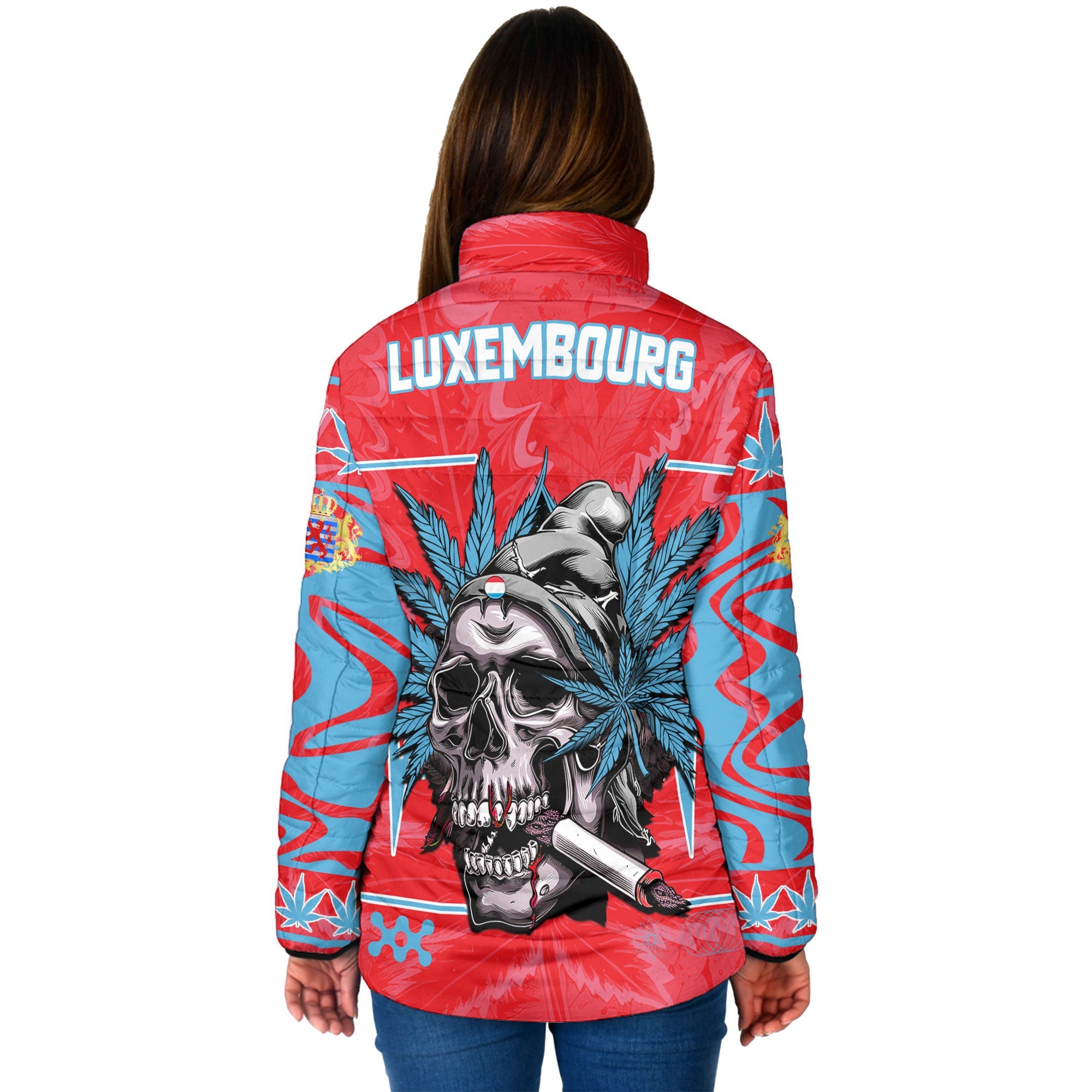 Luxembourg Women Padded Jacket Flag & Coat Of Arms Marijuanas Style