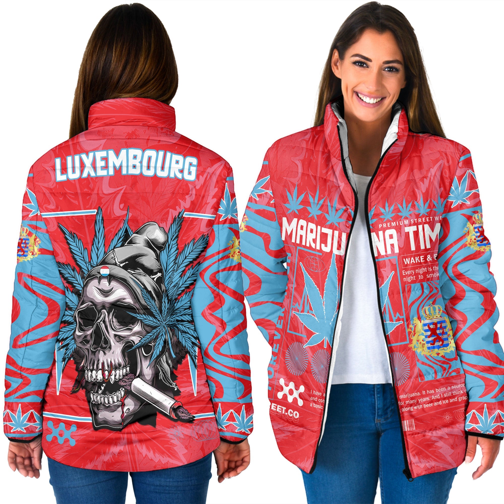 Luxembourg Women Padded Jacket Flag & Coat Of Arms Marijuanas Style