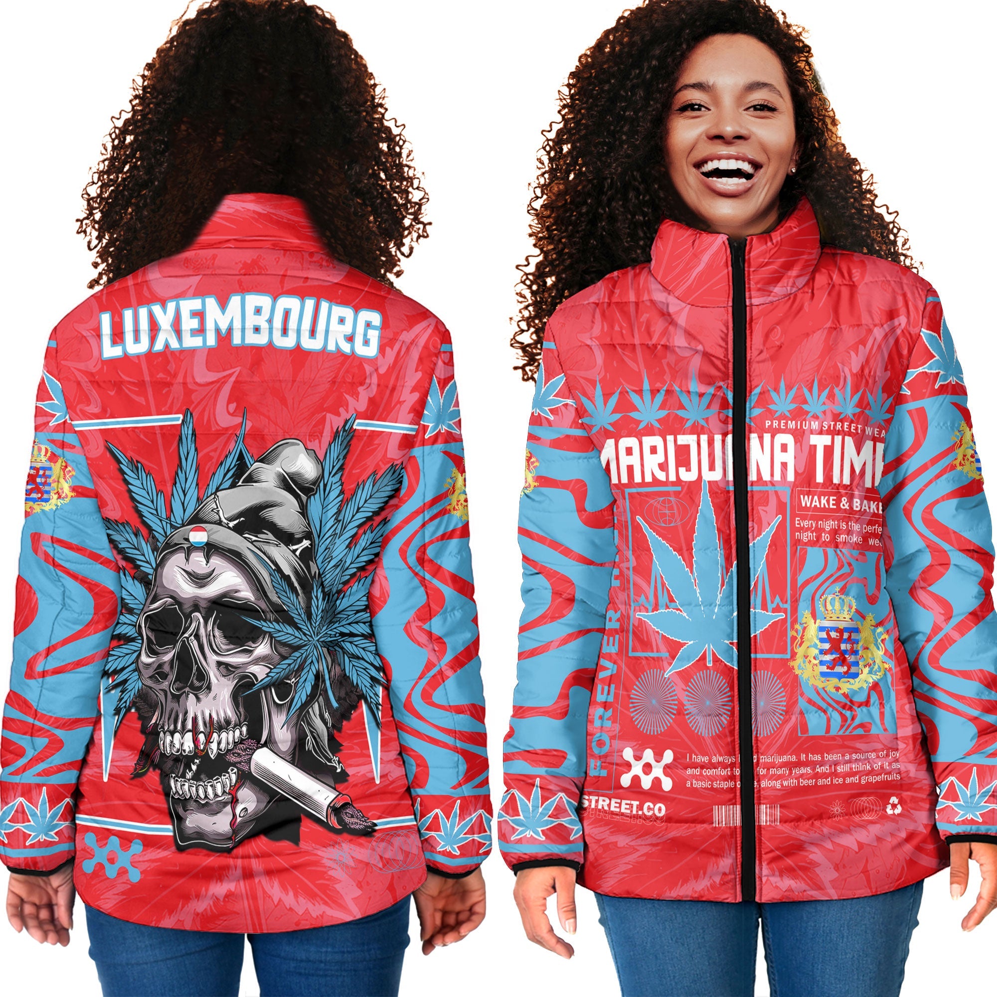 Luxembourg Women Padded Jacket Flag & Coat Of Arms Marijuanas Style