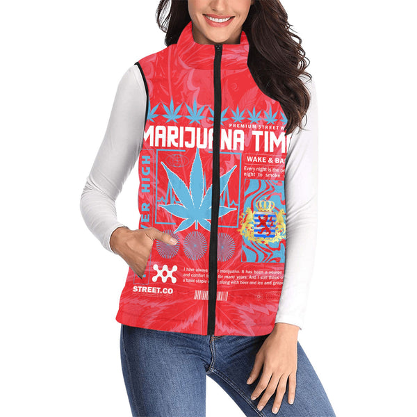 Luxembourg Women Padded Jacket Vest Flag & Coat Of Arms Marijuanas Style